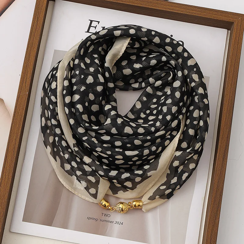 Leopard Print Magnetic Buckle Scarf for Women Versatile Square Thin Silk Scarf Angled Decoration Scarf Quick Easy Wear 63CM image 2