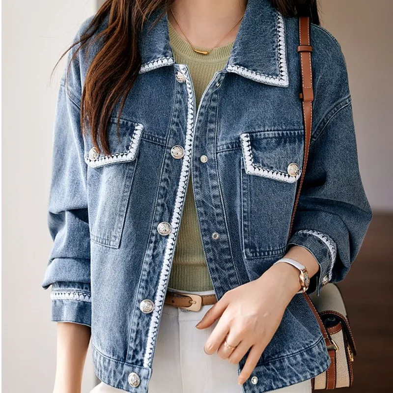 

Button Short Denim Jackets Women Wash Long Sleeve Vintage Casual Jeans Outerwear Motorcycle Cowboy Coat 2025