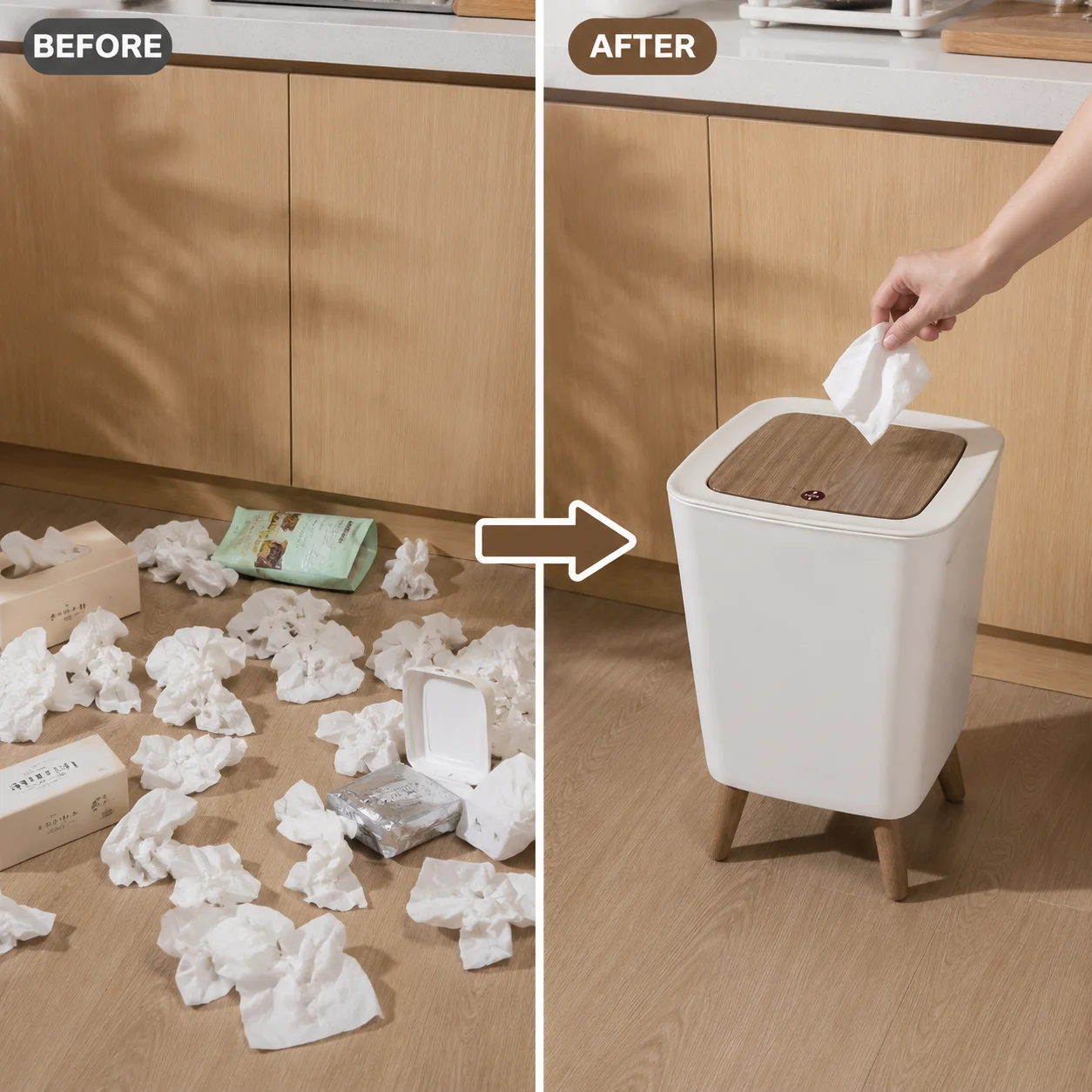 Square Press‑Lid Trash Can with Plastic Wood‑Look Legs, Elevated Lidded Garbage Bin, Nordic Style Odor‑Proof Waste Basket for Bathroom Kitchen Bedroom Apartment