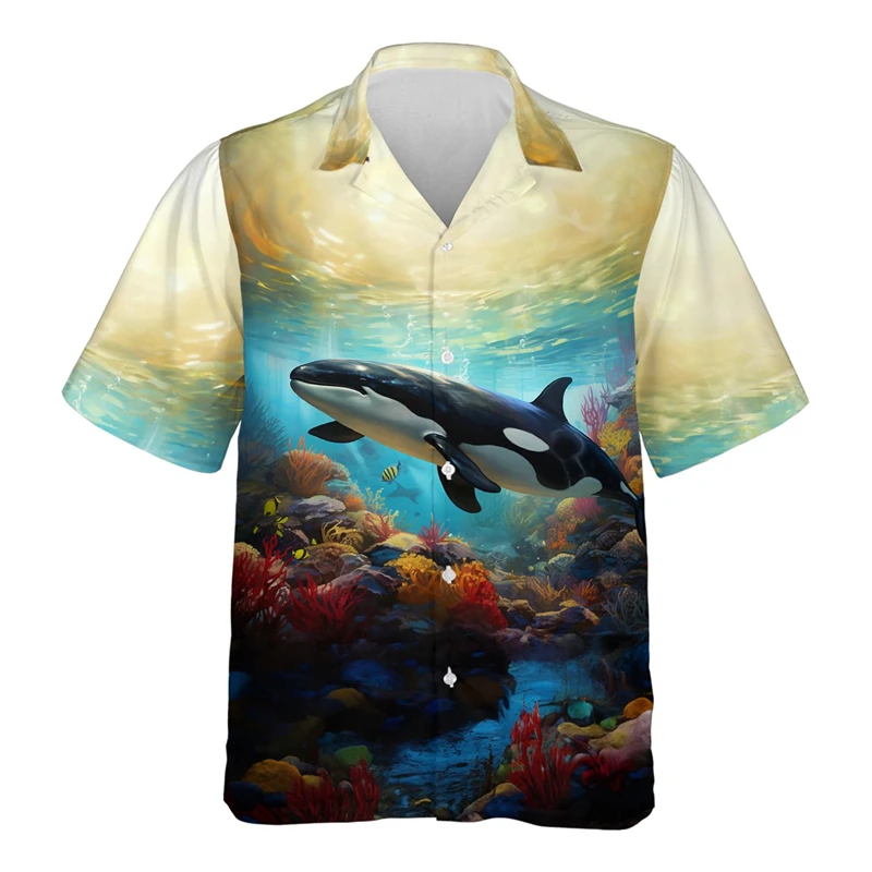 

Men's Shirts Whale Print Men's Hawaiian Casual Lapel Open Cardigan Men's Tops Comfortable Unisex Short Sleeve Shirts 2024 Tops