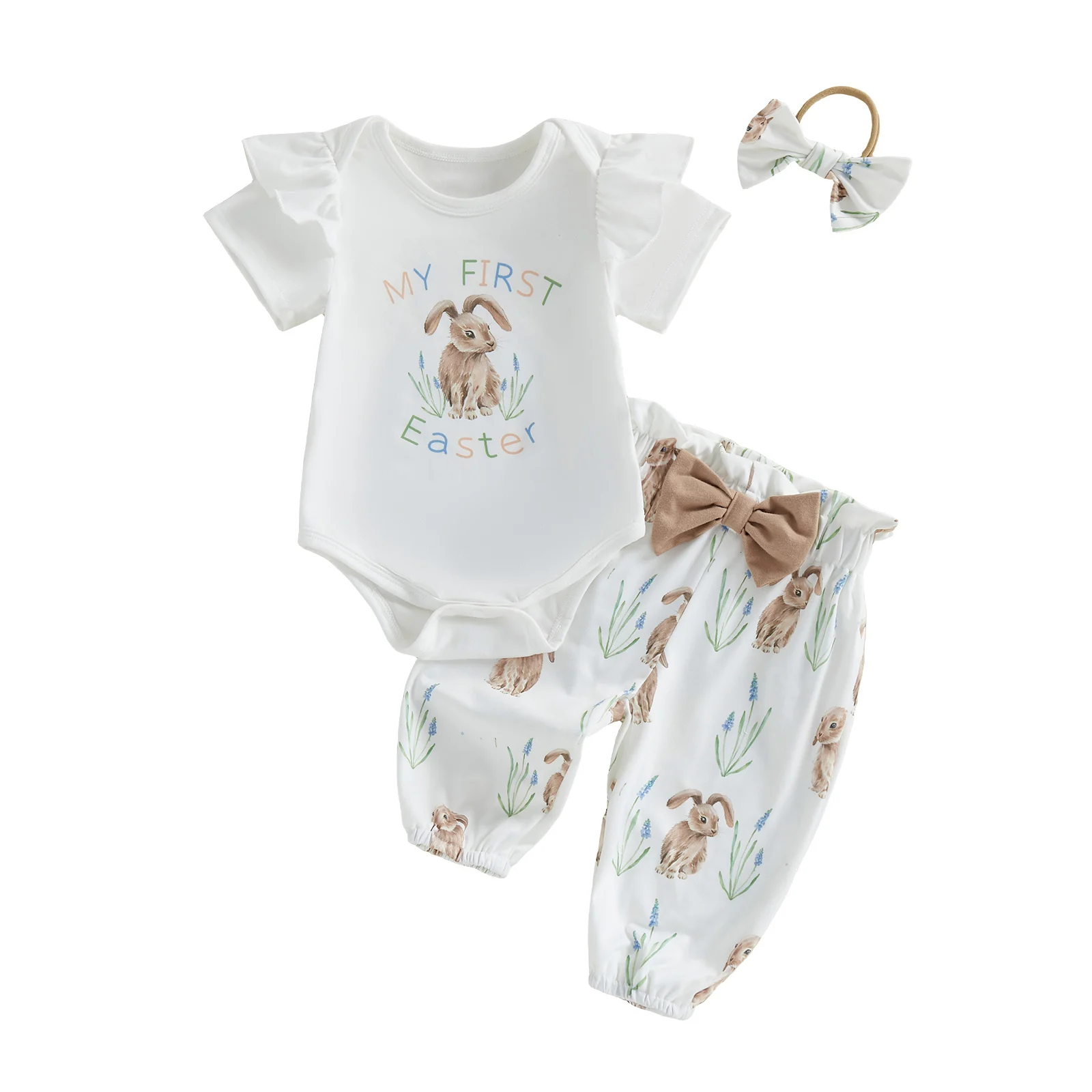 

Очаровательная пасхальная одежда для малышей: комбинезон с короткими рукавами и узором в виде кролика, штаны и повязка на голову, комплект из 3 предметов для девочек