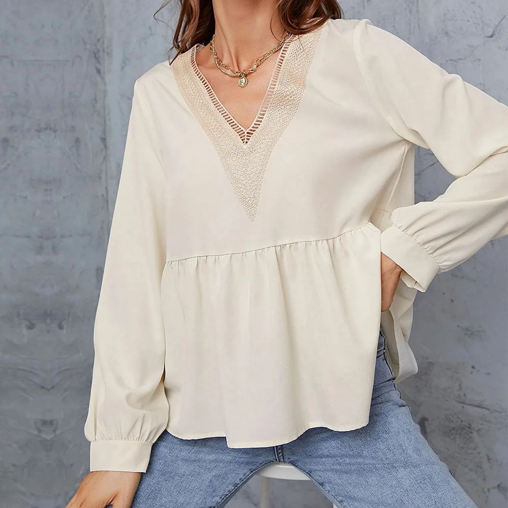 French High End Women V Neck Cutout Loose Fit Office Blouse Fall Winter New