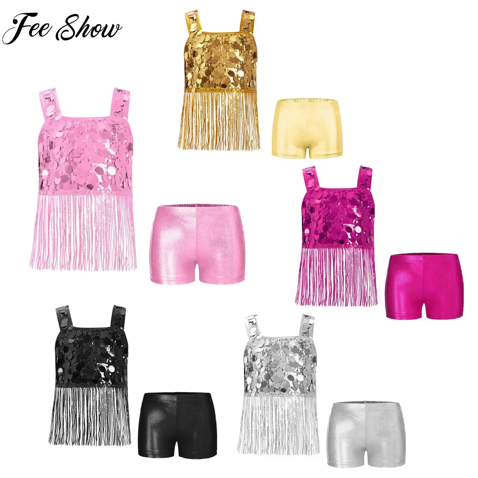 

Kids Girl Shining Sequins Tassel Tops Shorts Suits for Hip-hop Jazz Dance Carnival Party Stage Performance Dance Outfits Costume