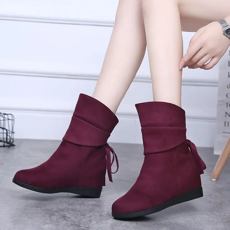 Mid Calf Blue Wedge Heel Round Toe Footwear Big Red Ladies Boots Half High Shoes for Women Winter 2024 Novelty Y2k Cosplay Hot