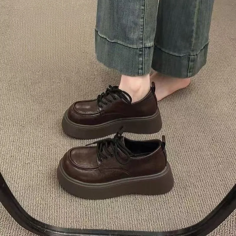 Women Vintage Brown Lace‑up Platform Oxford Shoes Round Toe Chunky Thick Sole JK Preppy StyleCasual Height Increase Ladies Shoes view 4