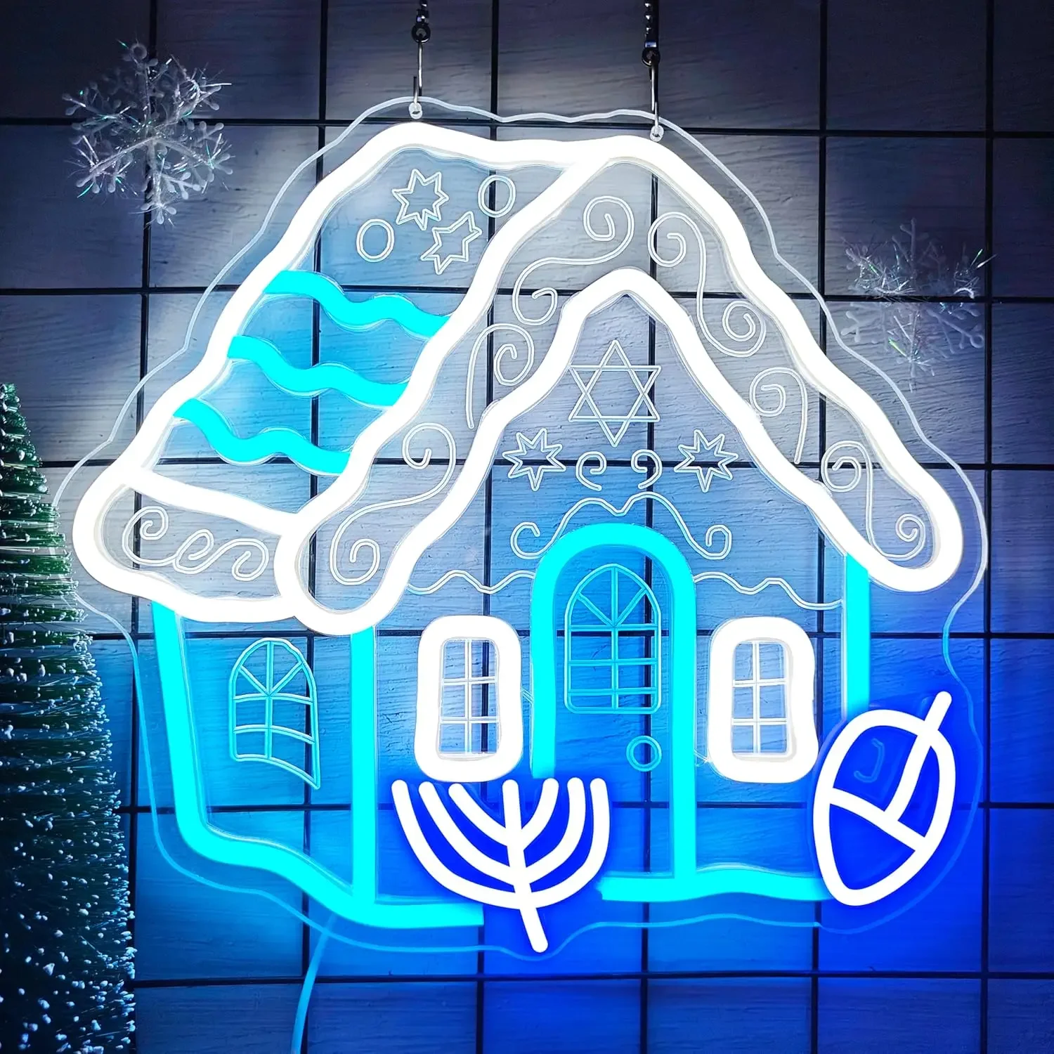 Hanukkah House Neon Sign LED Wall Art Menorah Star Of David Winter Snow USB Powered Dimmable Light Party Bar Shop Holiday Decor