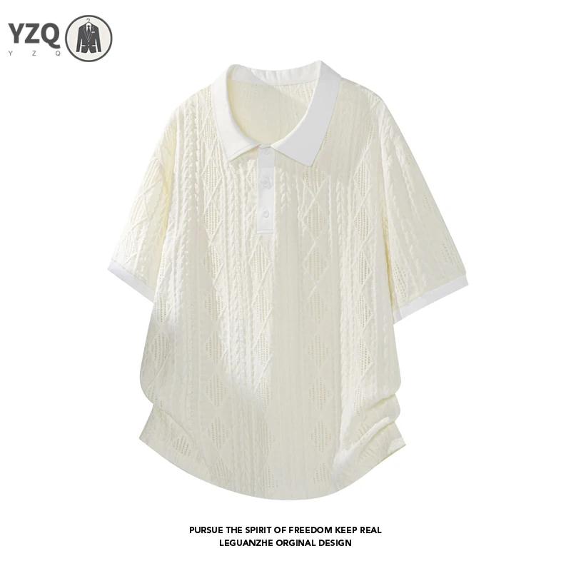 Mens Rhombus Textured Polo Top Short Sleeve Lapel Neck Button Detail Loose Fit For Outdoor Leisure And Travel Outfit