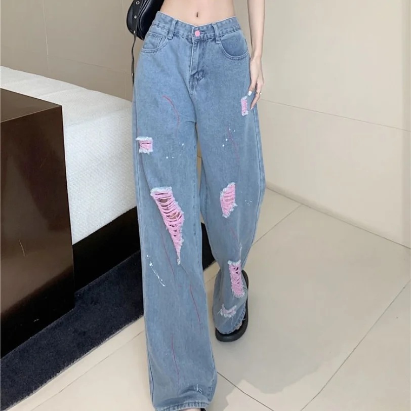 Jeans for Women with Torn Holes 2023 Spring/Summer New High Waist Slim Loose Casual Straight Leg Wide Leg Pants Trend