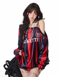 HOUZHOU Vintage Y2k Striped Women T-shirt Sexy Off Shoulder Oversize Sports Tee Blokecore Long Sleeve Red Top Harajuku Aesthetic