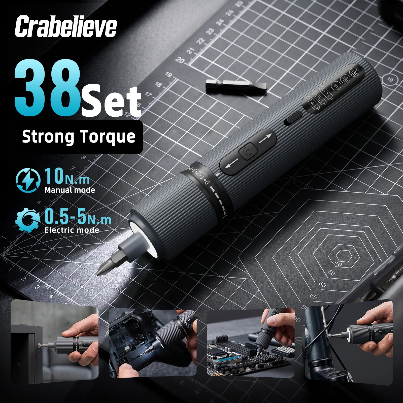 CRABELIEVE 3.7V Cordless Electric Screwdriver 5N.m Electric 10N.m Manual Torque 17 Gears 8 LED Light Chargeable Repair Tool Set