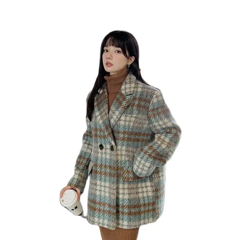 

Fashionable Woolen Women's2022 Winter Mid-length Cotton Lining Warm Thick Plaid Woolen Temperament Coat Women's Tid