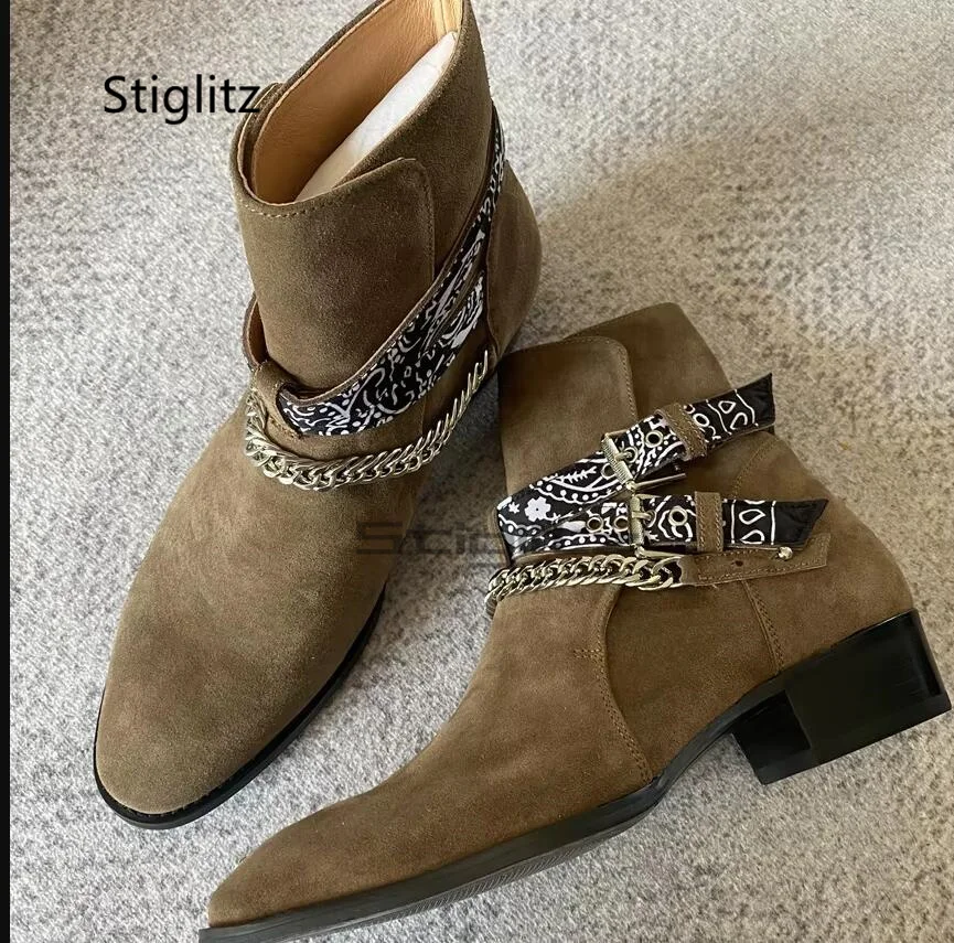 

Мужские ботинки «Челси» из искусственной замши с цепочкой в британском стиле, ботильоны из натуральной кожи с металлической пряжкой, модная универсальная мужская обувь для вечеринок