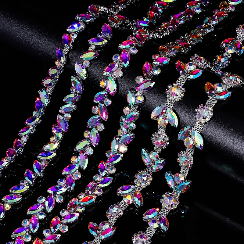 

Ducrystal 90CM/Yard Crystal Glitter Chain Silver Base Crystal AB Rhinestone Claw Trimming for DIY Garment,bags Jewelry