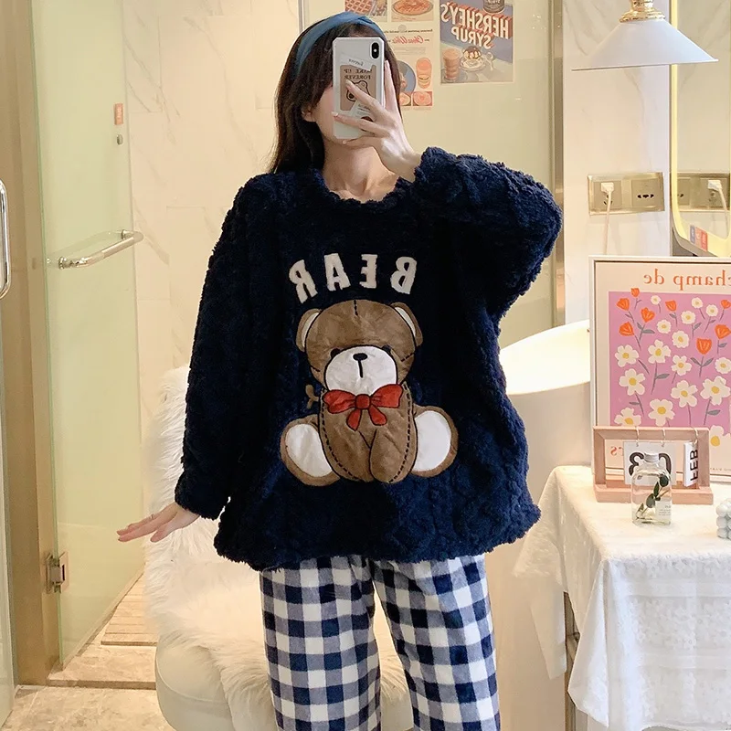 High Quality Women Pajama Set Winter Warm Flannel Sleepwear Cute Cartoon Nightwear