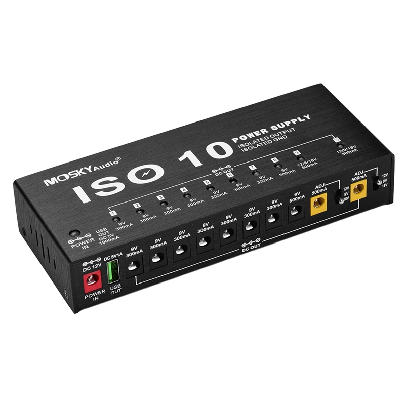 

AA79 New MOSKY ISO-10 Guitar Effect Pedal Power Supply 10 Isolated DC Outputs/ 5V USB Output,Protection Guitar Accessories