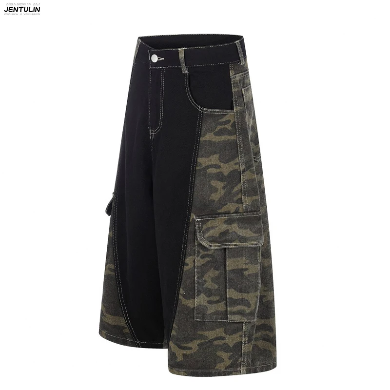 Aesthetics Street Vintage Camouflage Denim Workwear Shorts Women's Clothing Loose Wide Leg Multi Pocket Unisex Trendy Brand Y2k