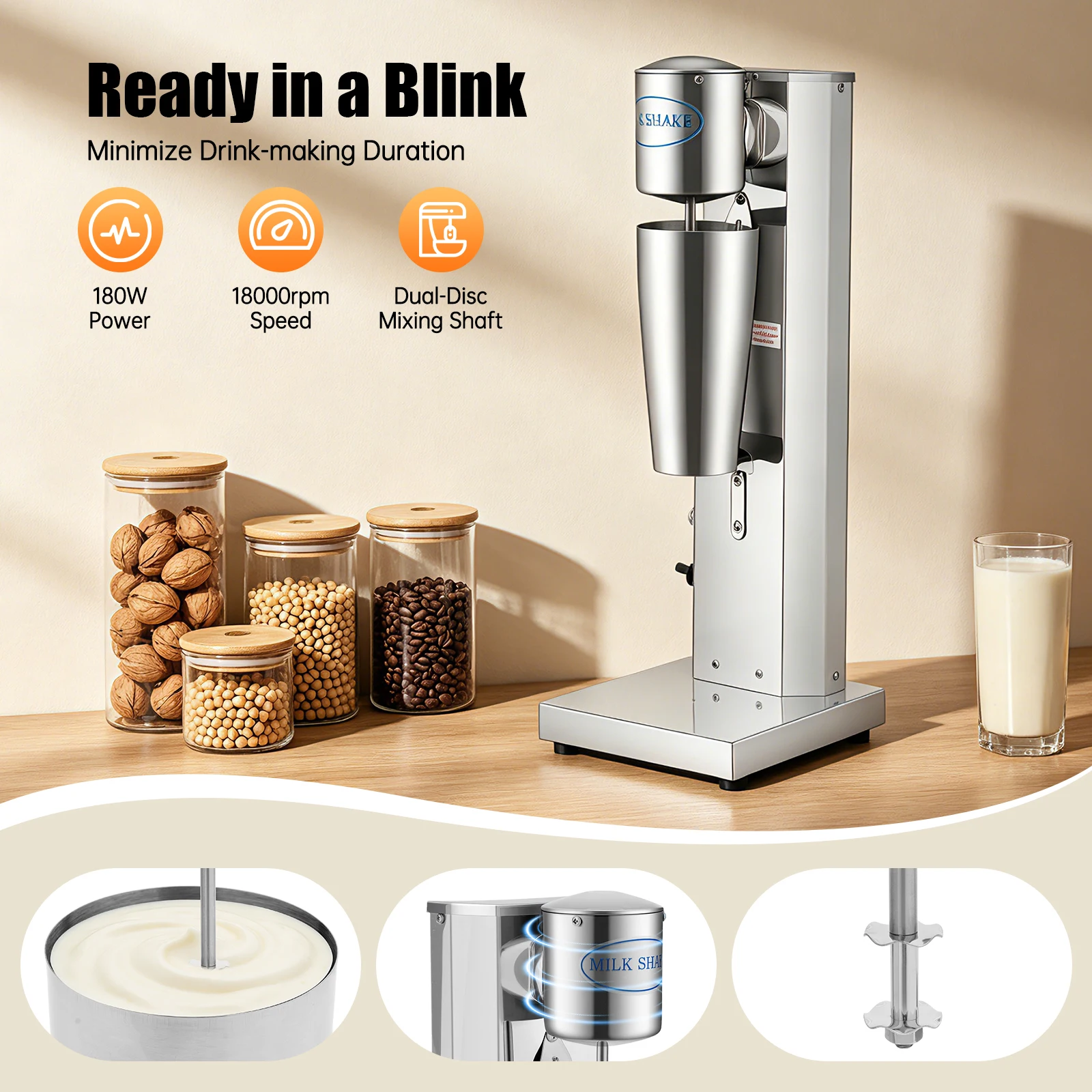 180W Milchshake-Mixer, Einzelkopf-Milchshake-Maschine, 18*53cm Shake-Maker mit 650ml Becherinhalt für Milchtee-Läden, Cafés, Restaurants