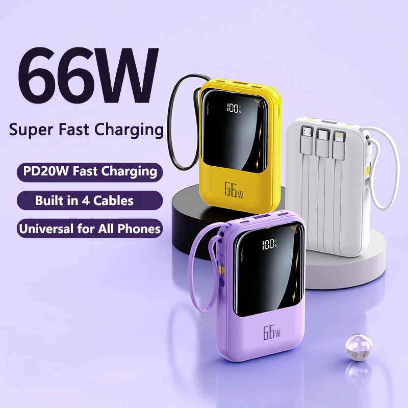 

Mini Power Bank 20000mAh with Cable 66W Fast Charging Powerbank External Battery Pack For iPhone Huawei Xiaomi Samsung Poverbank