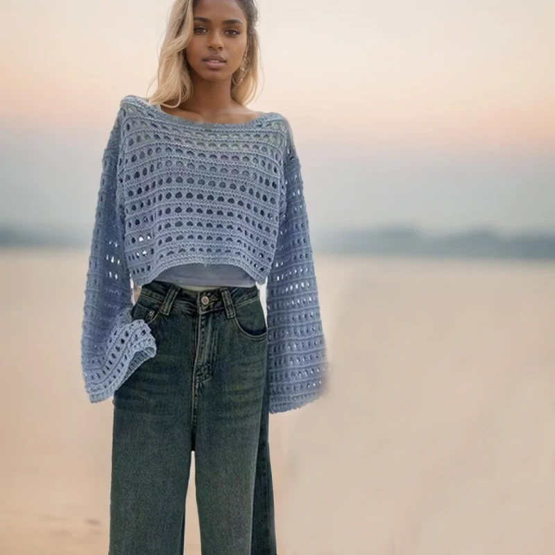 

Spring/summer New French Long-sleeved Hollow Knitted Crop Top Sweater Women's Casual Solid Color Thin Sunscreen Blouse