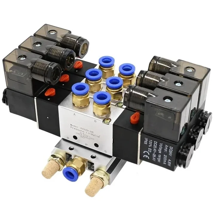 4V220-08 Plate with Fitting Manifold 12V DC 24V AC 110V 220V 5/2 24VDC 2 - 5 Row Pneumatic 5 Way Double Solenoid Valve Block