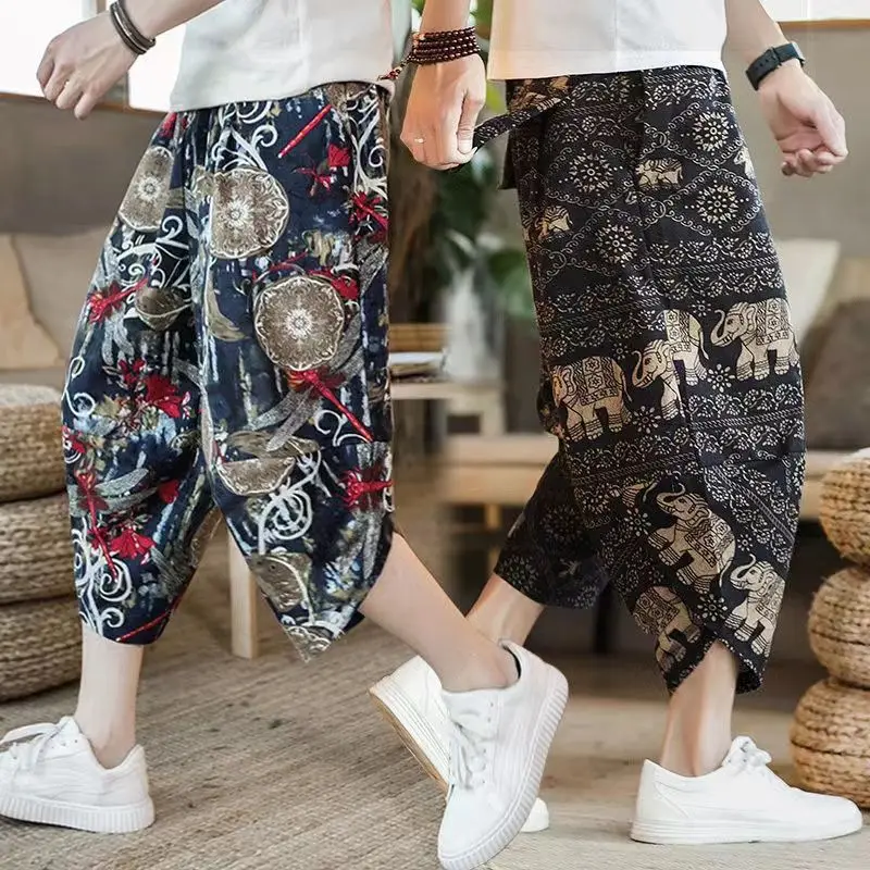 

Loose Wide Leg Cotton Linen Beach Pants Men's Casual Sle High Waist Trousers Ethnic Pattern Polyester Fiber plus Size