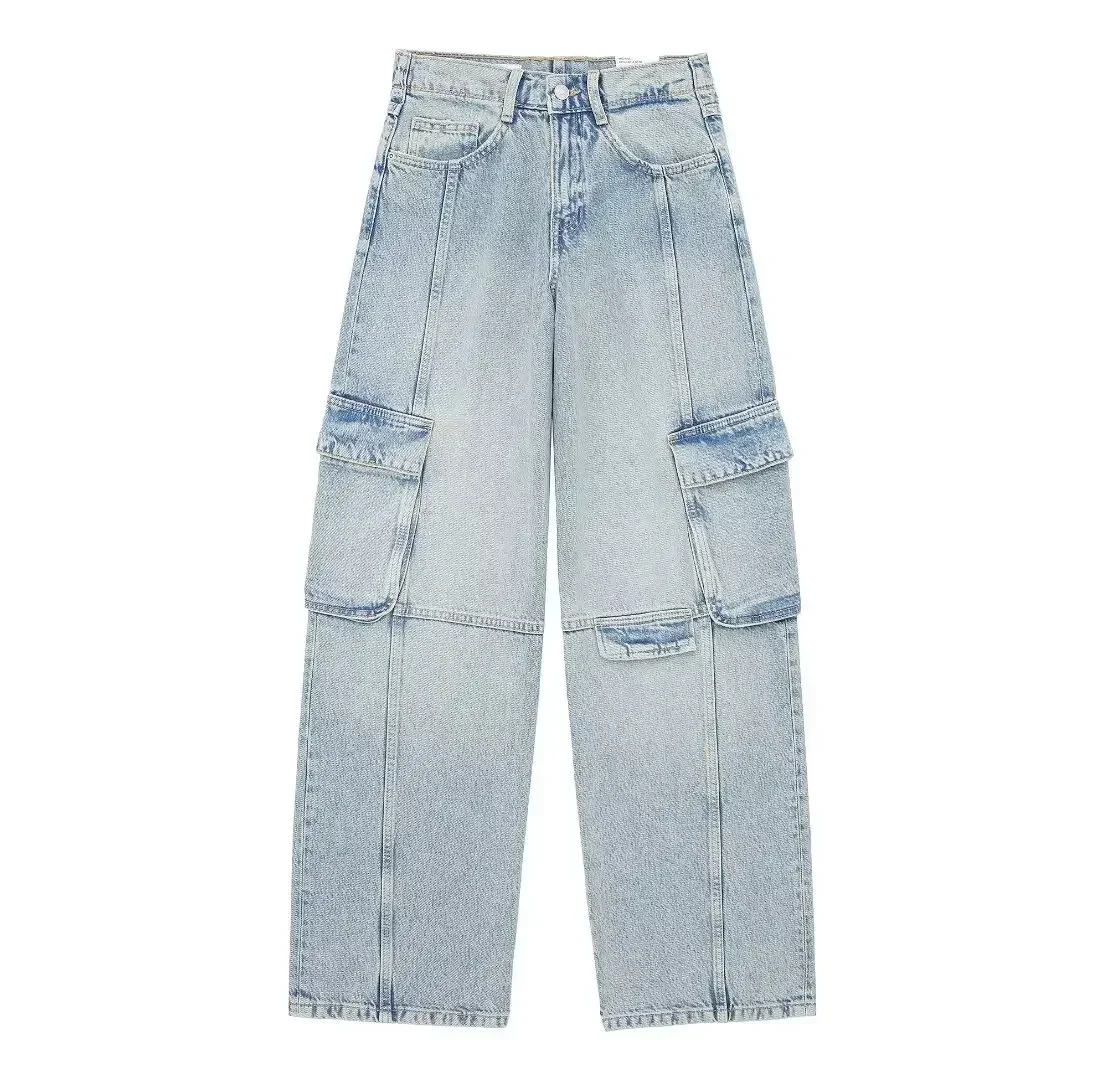 

Women's 2024 New Fashion Flip Pocket Decoration Casual Loose Cargo Jeans Retro Mid Waist Zipper Women's Denim Pants Mujer