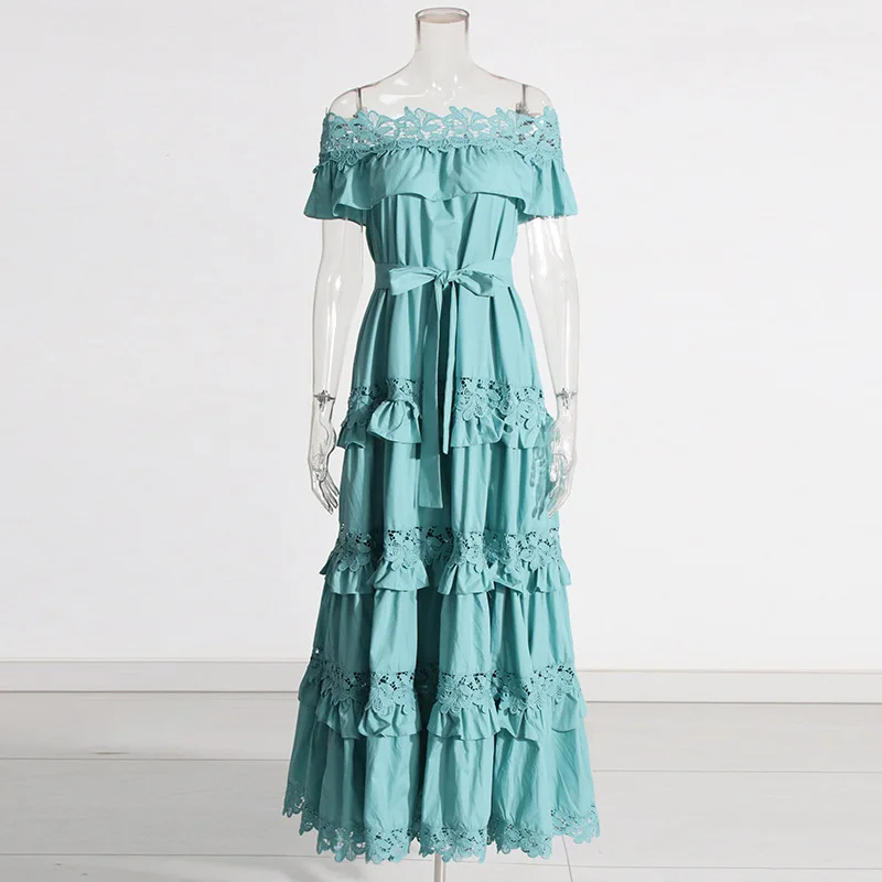 Novo babado um ombro vestidos longos primavera feminino sem mangas rendas em camadas vestido de verão cintura alta grande balanço tornozelo comprimento vestido
