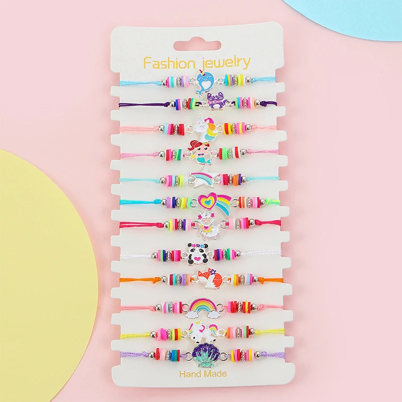 12 stks/set Leuke Kat Kleurrijke Touw Regenboog Eenhoorn Charme Armbanden Voor Vrouwen Meisjes Verjaardag Kerst Sieraden Vriendschap Gift