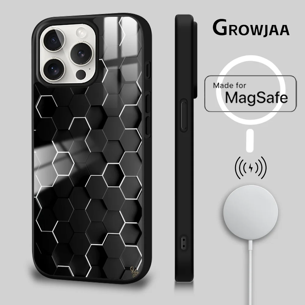 

Hexagonal Phone Case For iPhone 15 14 13 12 11 Pro Max Plus Mini Mirror Magnetic Cover Black Cool Funda Wireless Charging Case