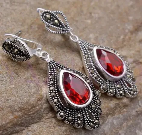 

red crystal silver hook earrings Vintage style