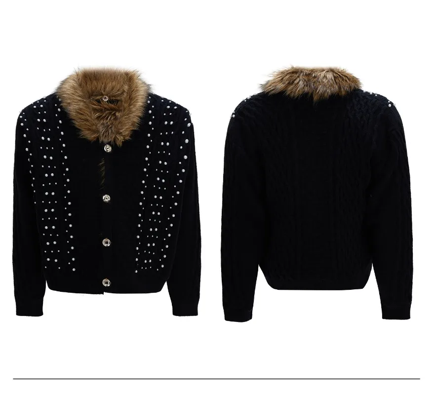 Winter Retro Fashion Trendy Fur Collar Sweater High-end Feel Fleece-lined Thickened Warm Heavy-duty Pearl Coat for Men