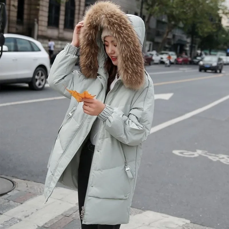 2023 neue Frauen Daunen jacke Wintermantel weibliche mittellange Version Parkas lose dicke Slim Fit Outwear Kapuze Pelz kragen Mantel