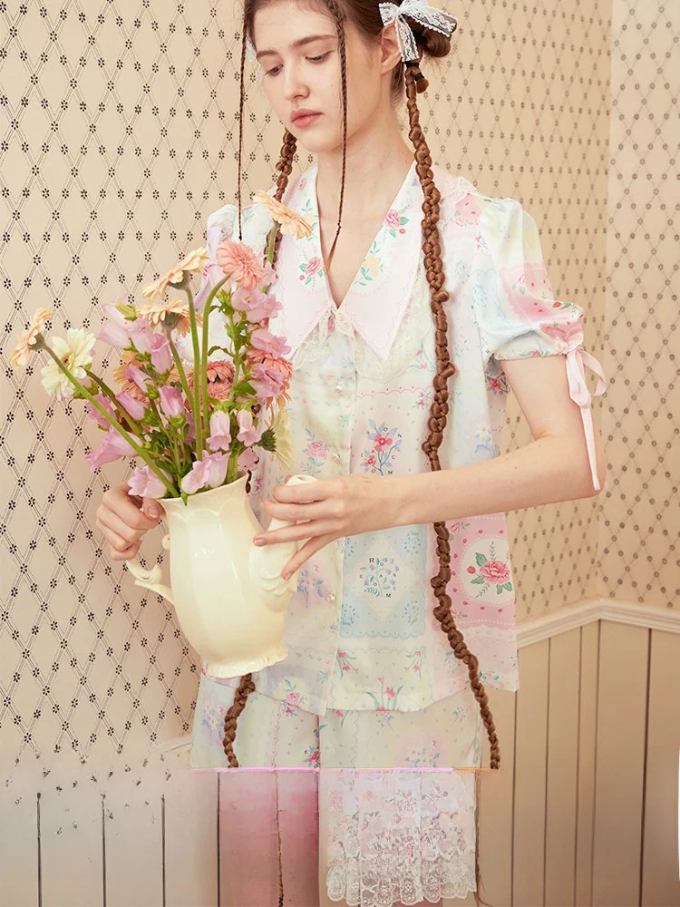 RooMance Floral Lace Ice Silk Sleepwear Set Women's Home Clothes Two-Piece Set Sweet Cute Style Loose Fit Short Sleeve