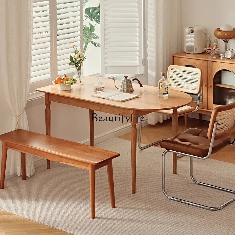 Nordic solid wood peninsula log dining table island table against the wall Japanese retro cherry wood simple oval dining table