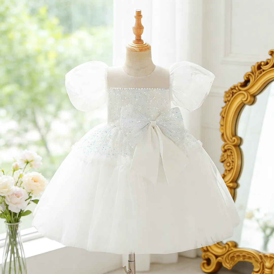 Vestido naranja con mangas abullonadas para niñas, vestido de princesa con lentejuelas, vestido elegante para fiesta de cumpleaños, concierto de piano, boda ﻿