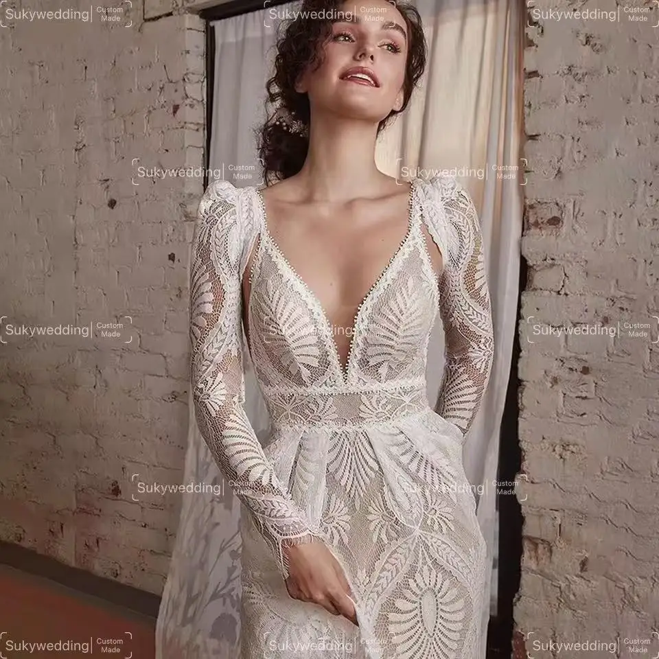 

Elegant A line Lace Wedding Dresses with Removable Long Sleeves Plus Size Backless V Neck Wedding Bridal Gowns Customized