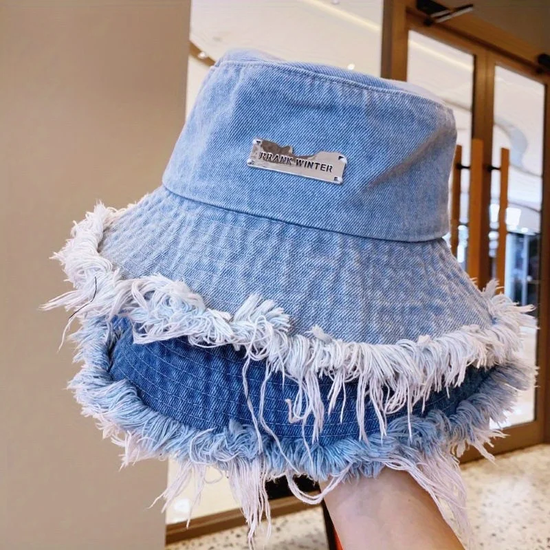 Panama Metal Label Denim Bucket Hats Shabby Breathable Sun Protection Fisherman Hat For Women Men Summer Sport Hiking Bob Caps