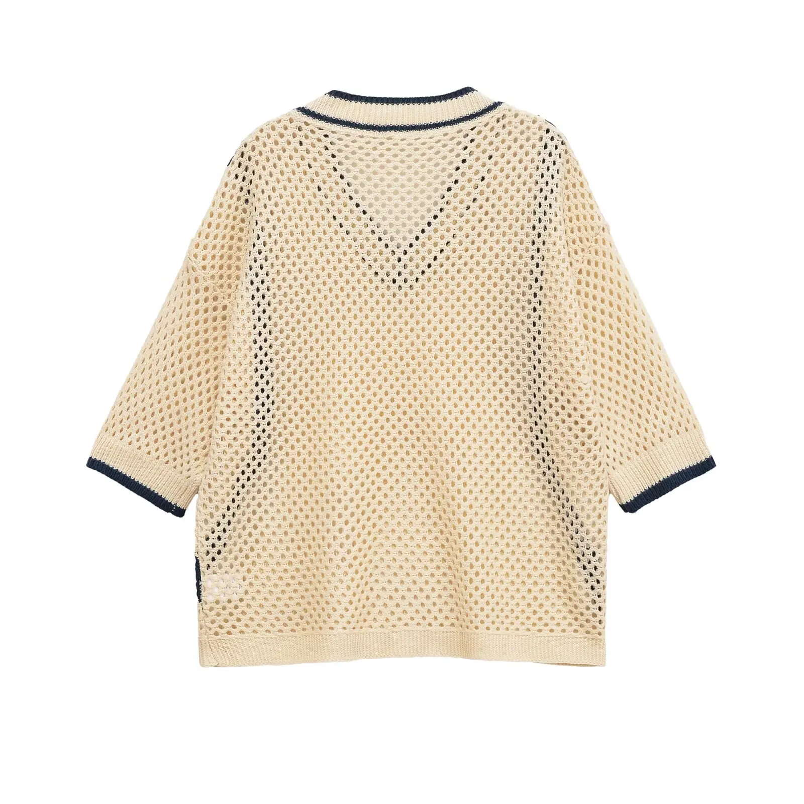 KONDALA Chic Knitted Line Women Sweater Vintage V-Neck Fashion 2025 Top Loose Casual Hollow Out Elegant Female Elegant Knitwear