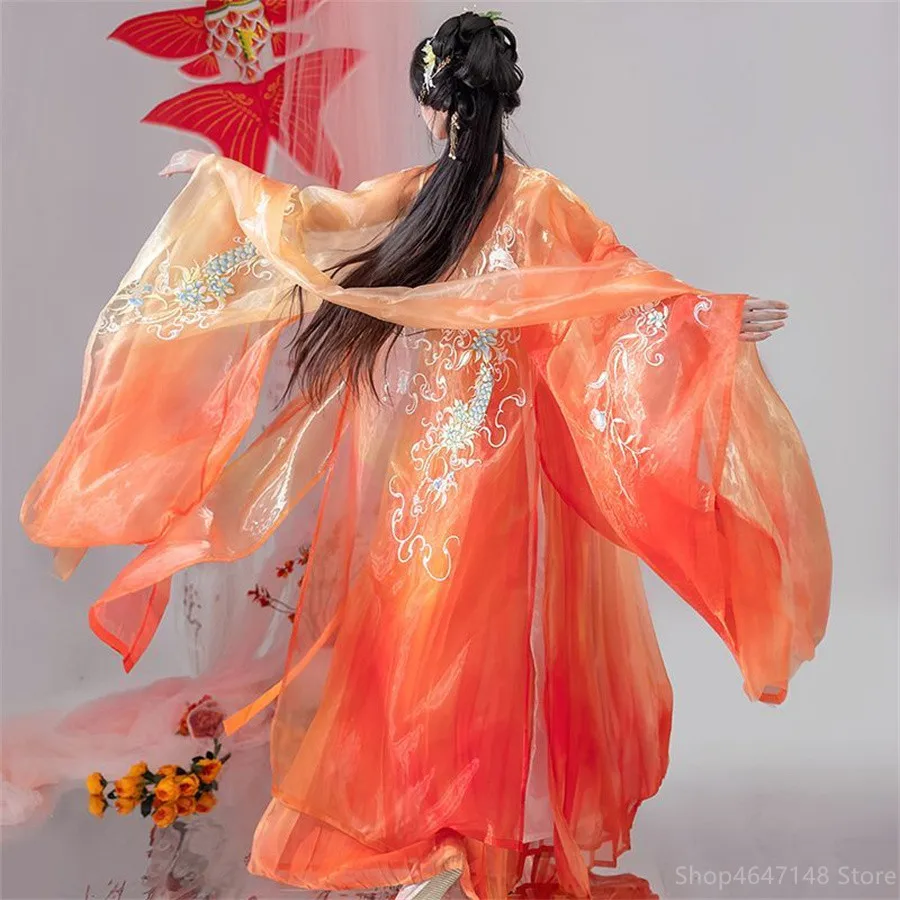 

Chinese Hanfu Dress Women Ancient Traditional Embroidered Hanfu Sets Carnival Fairy Cosplay Costume Orange Hanfu Dance Dress