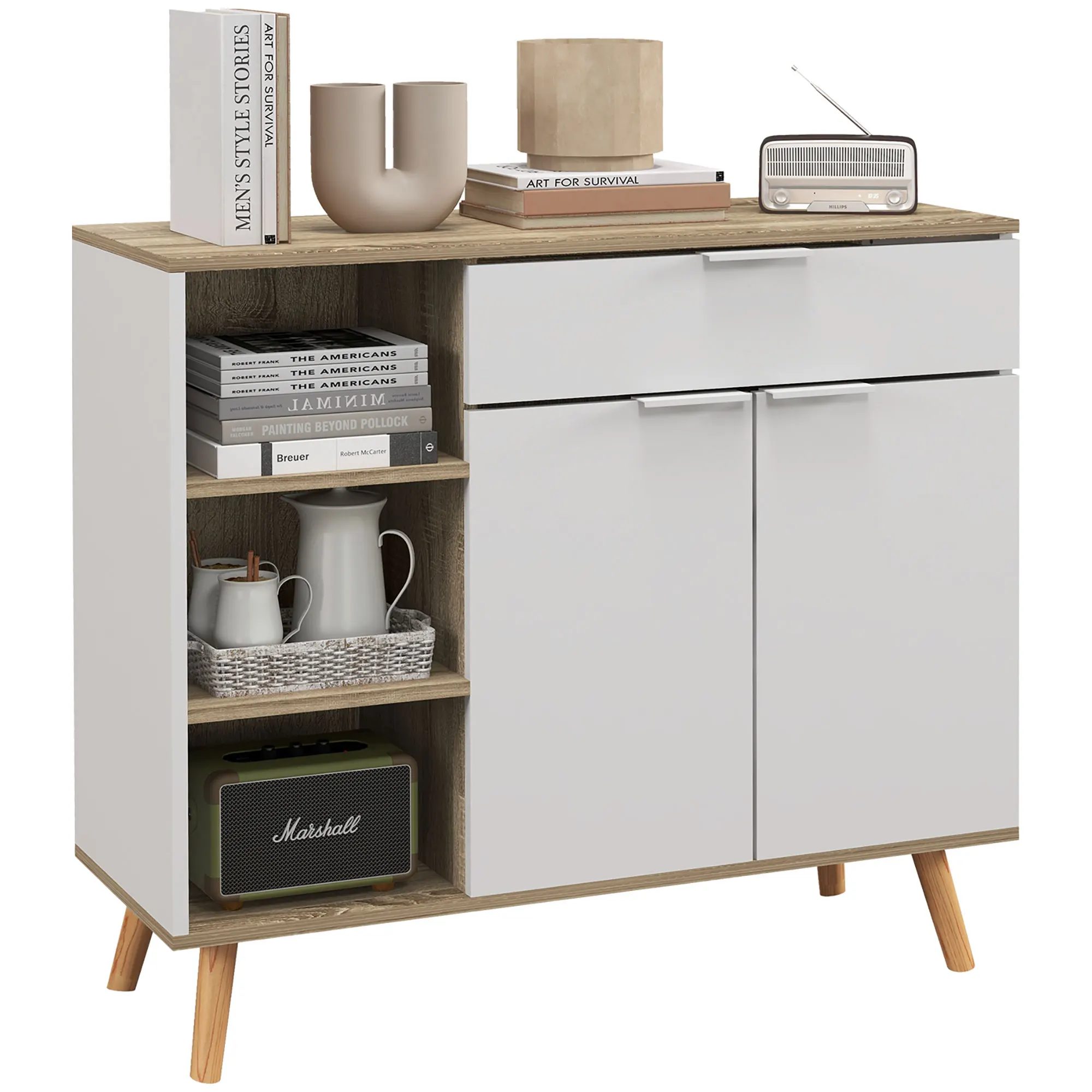 HOMCOM modern living room sideboard with 1 drawer 95x35x85 cm Natural White