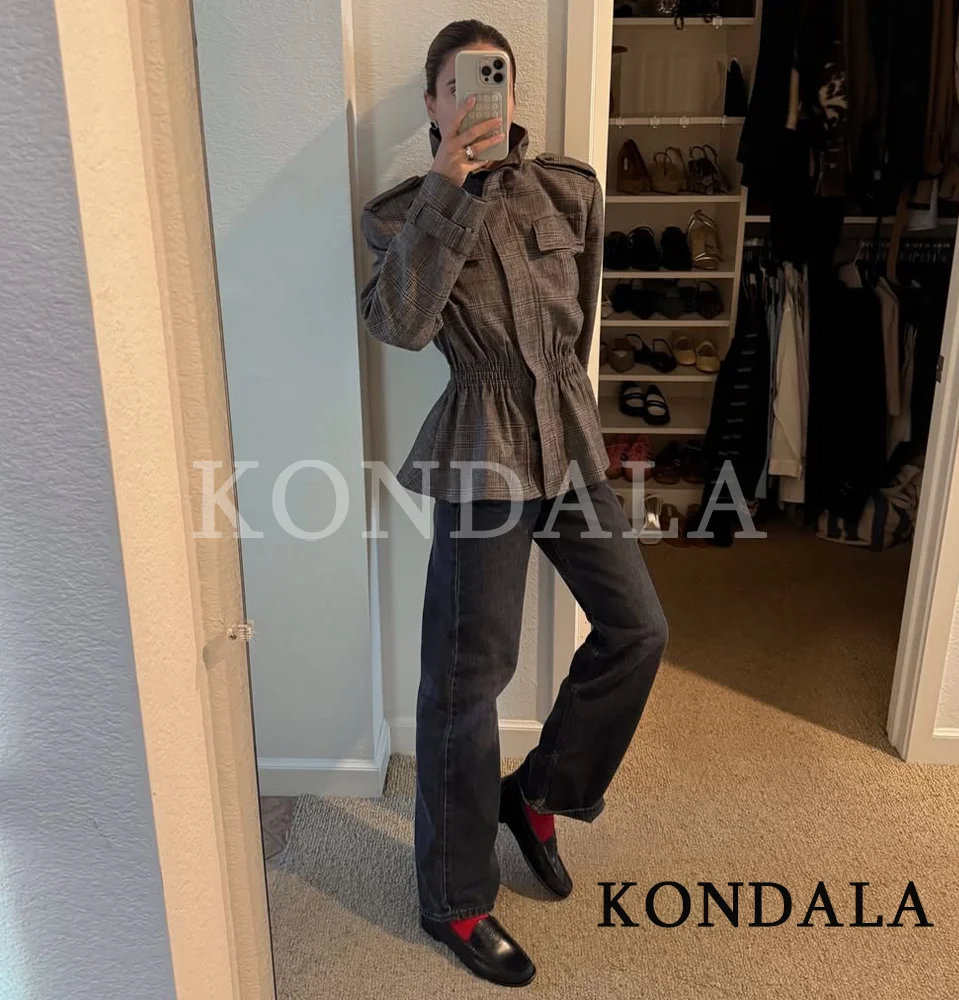 KONDALA-Chaqueta mezclada informal Vintage para mujer, chaqueta a cuadros con cintura ajustada y cuello levantado, chaqueta elegante para ir al trabajo a la moda para primavera 2026