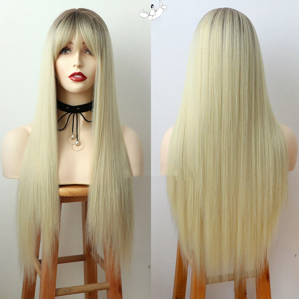 

Ombre Brown Blonde Hair Synthetic Long Straight With Full Bangs Cosplay Wig