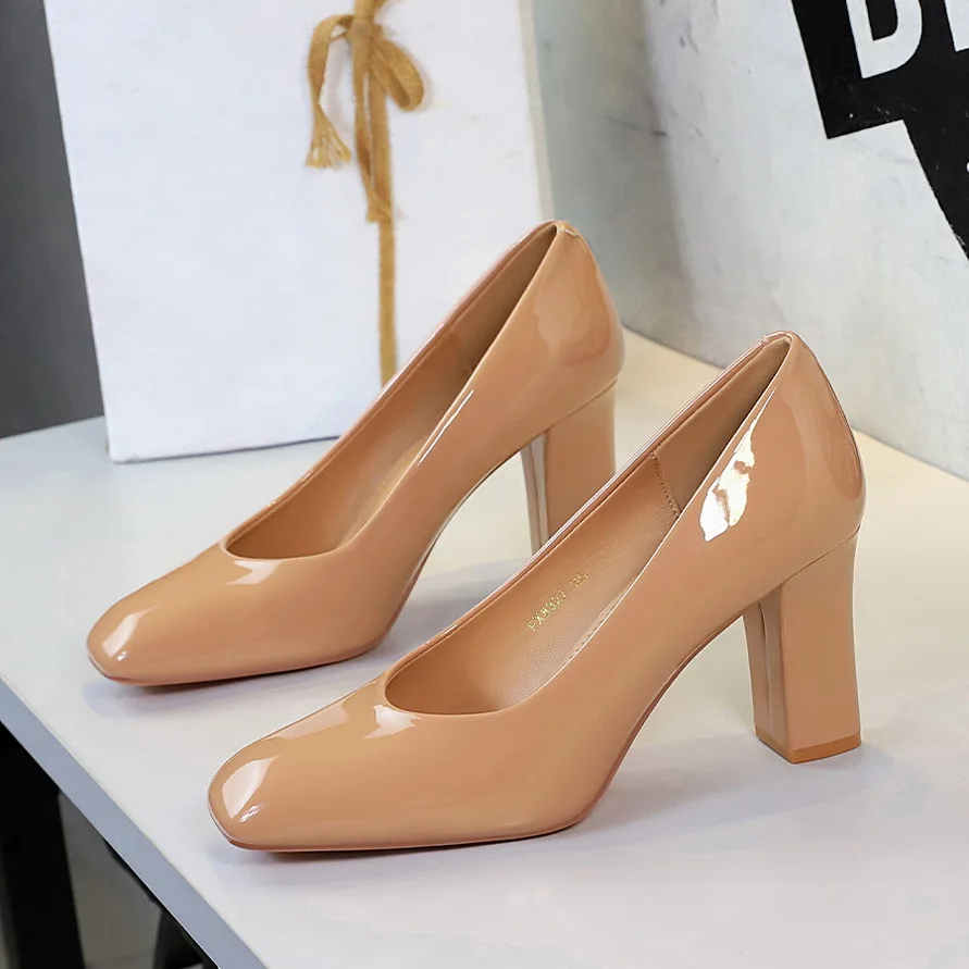 BIGTREE Fashion Patent Leather Pumps Woman Square Heels Wedding Party Spring Ladies Shoes Zapatos De Mujer