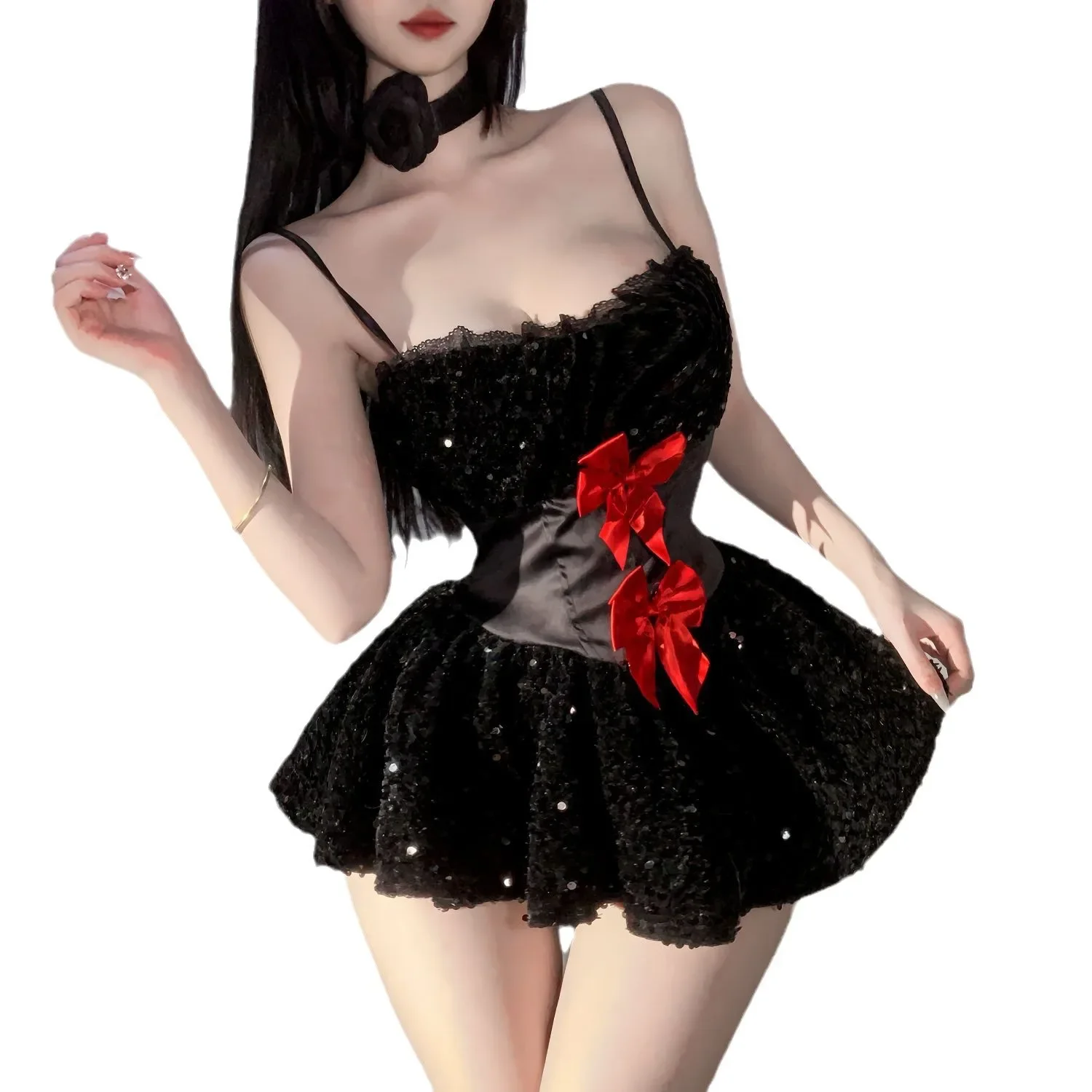 Beautiful sequined suspender skirt Garter Bra Sets Sexy women lingerie Hot Cosplay Uniform Open Bra Fantasy Miniskirt Nightwear