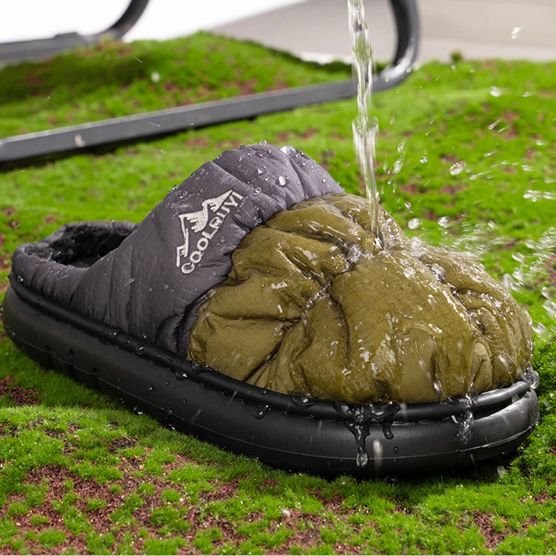 Wasserdichte Daunenstoff-Plüsch-Hausschuhe für Damen 2026 Winter Dicke Sohle Rutschfeste Baumwoll-Hausschuhe Damen Bequeme Warme Brot-Slides – Detail 3