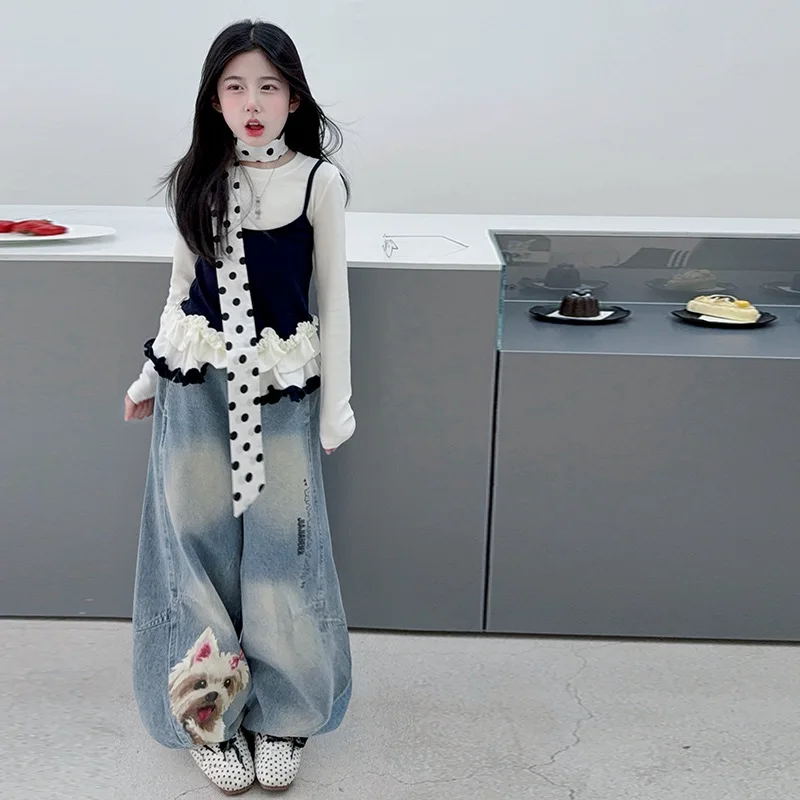 2026 Girls Spring Korean Version Fake Two-piece Lace Suspender Top + Printed Wide-leg Jeans Fashionable and Casual 2-piece Set