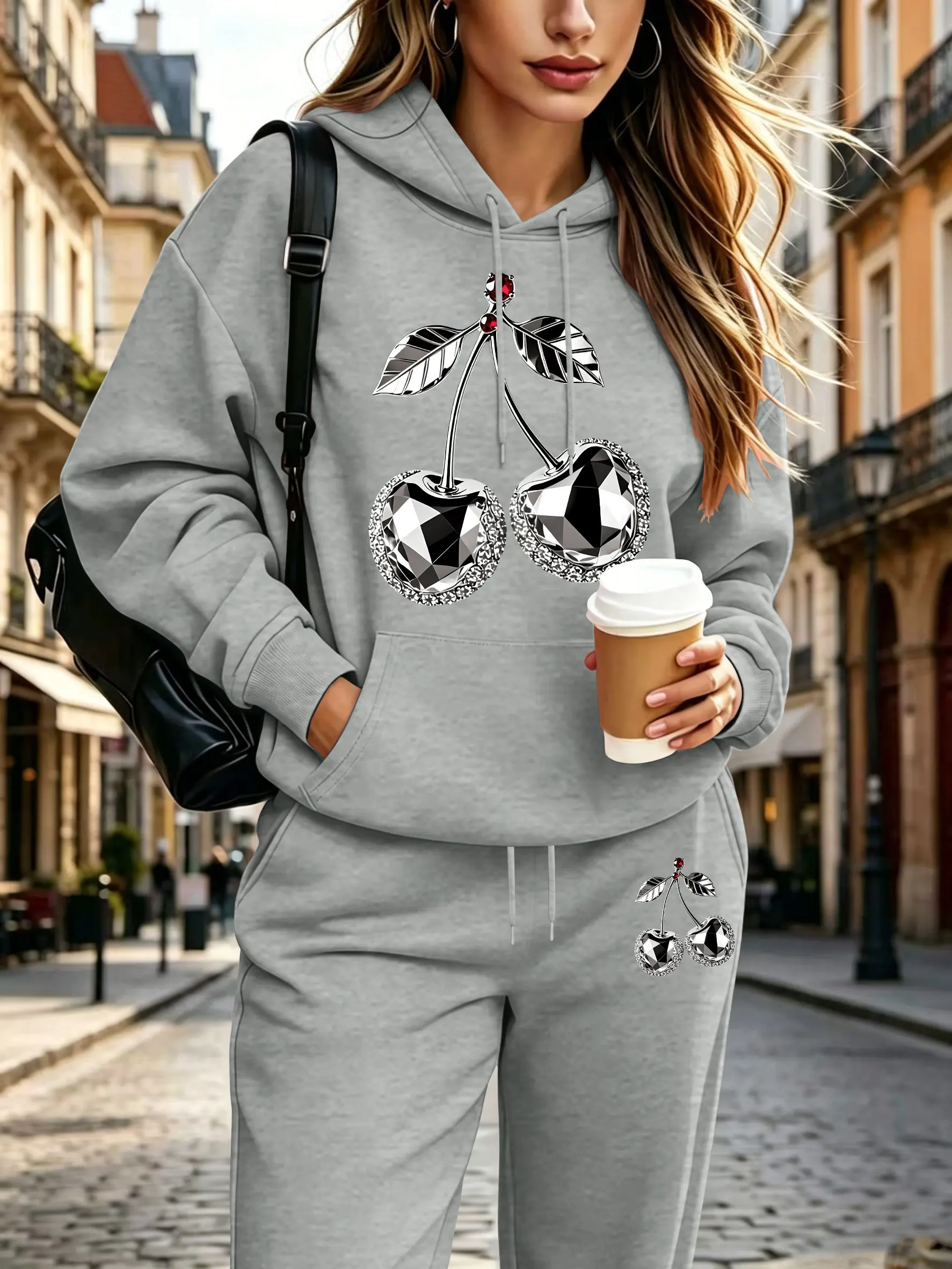 Women Silver Faceted Rhinestone Cherry Print Hooded Sweatshirt & Sweatpants 2‑Piece Set Soft Elastic Casual Daily Tracksuit