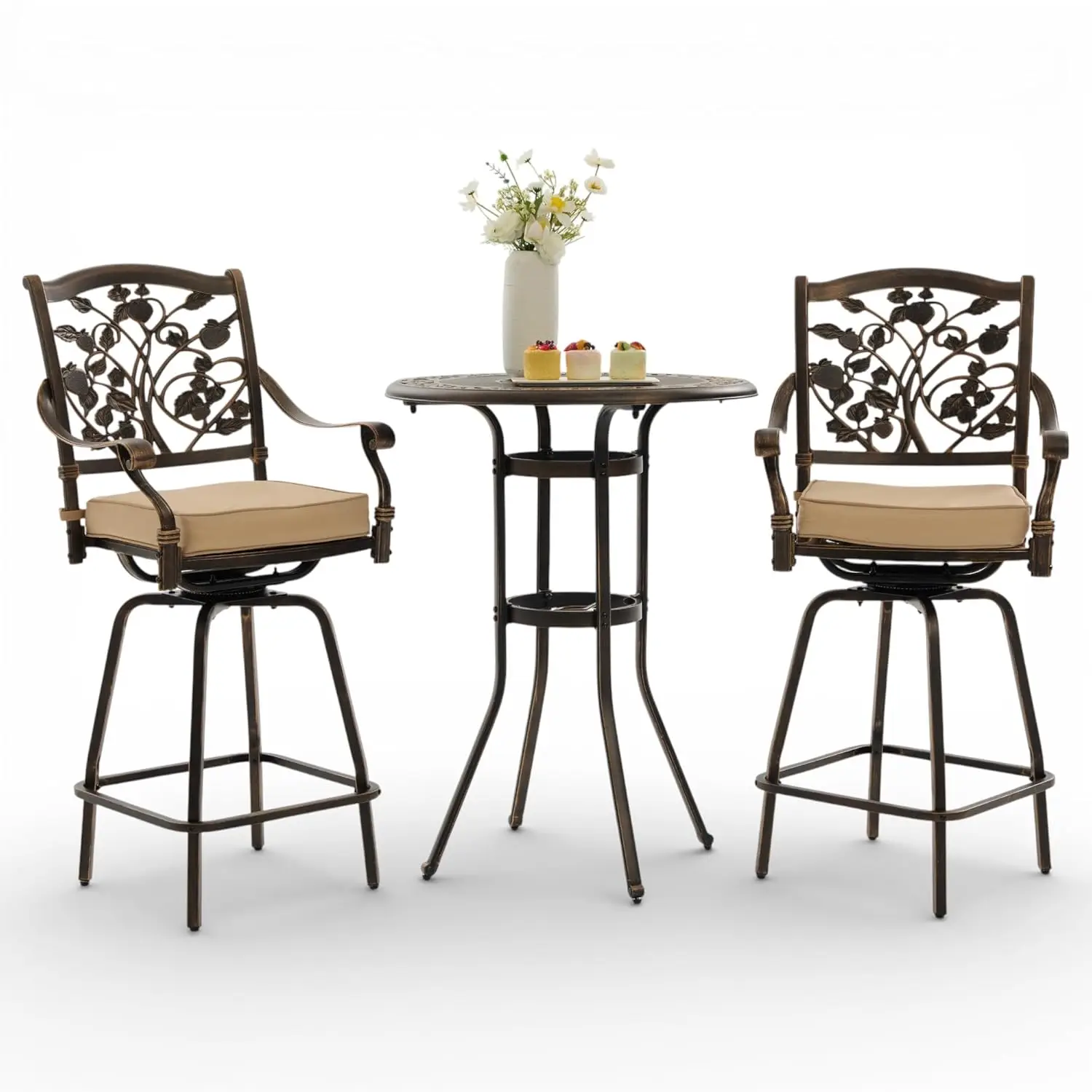

3pc Bar Height Patio Set Cast Aluminum Swivel Stools Cushions 31.5in Table All Weather Bistro Small Space, Custom