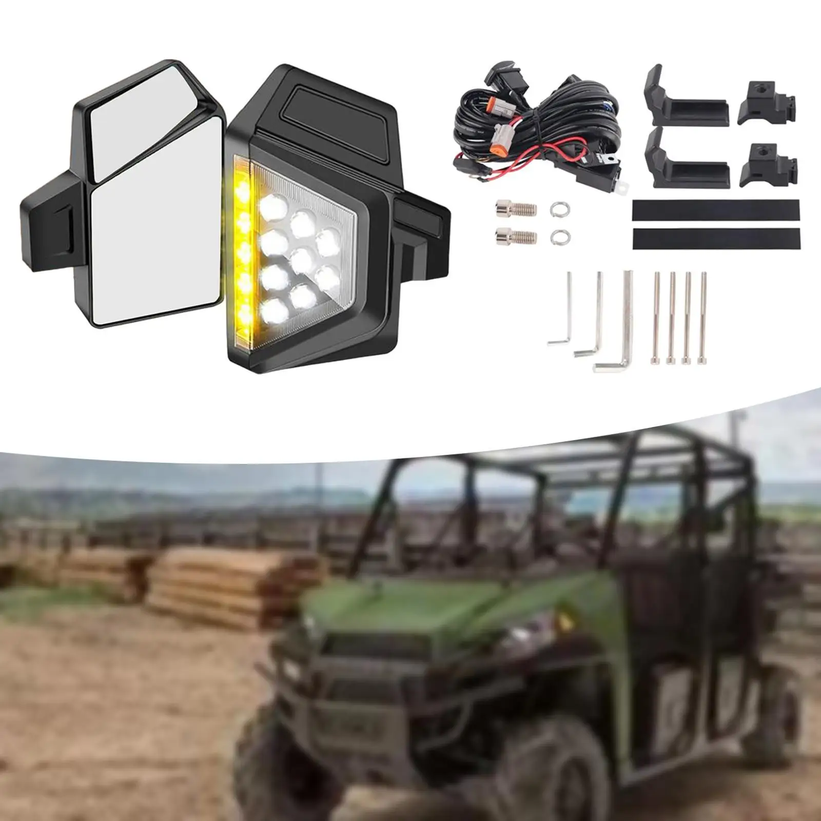 

Generic UTV Side Mirror Set Replacement Enhanced Visibility with Lights Harness Universal Sturdy Construction Easy Installation