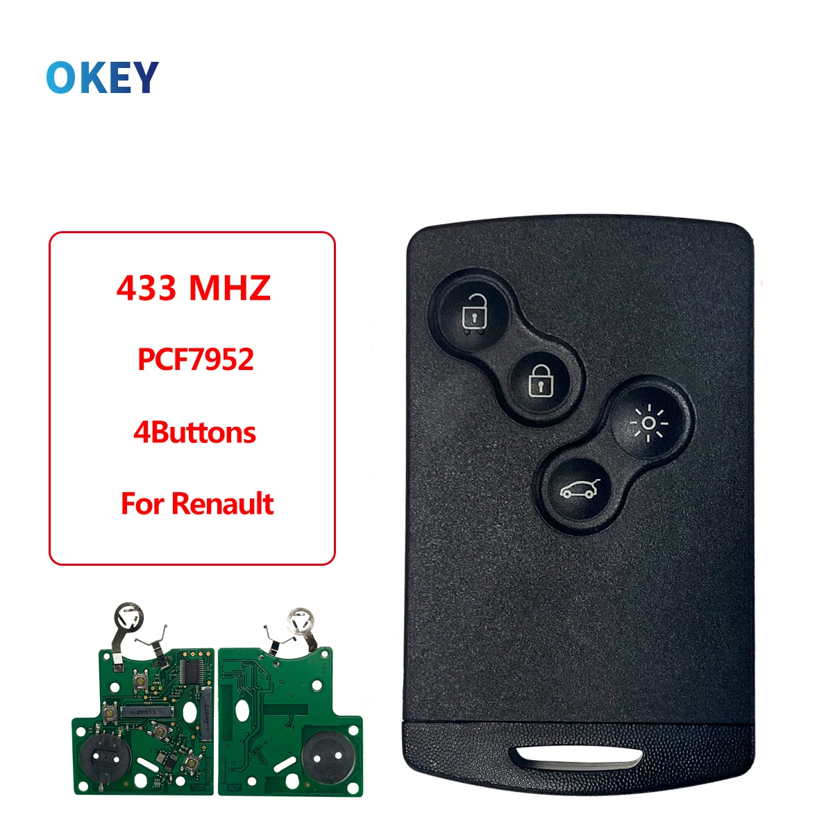 

Okey Remote Car Key Card PCF7952 Chip 433MHz 4 Buttons For Renault Megane III Laguna III Koleos CLIO Smart Card 2008-2011